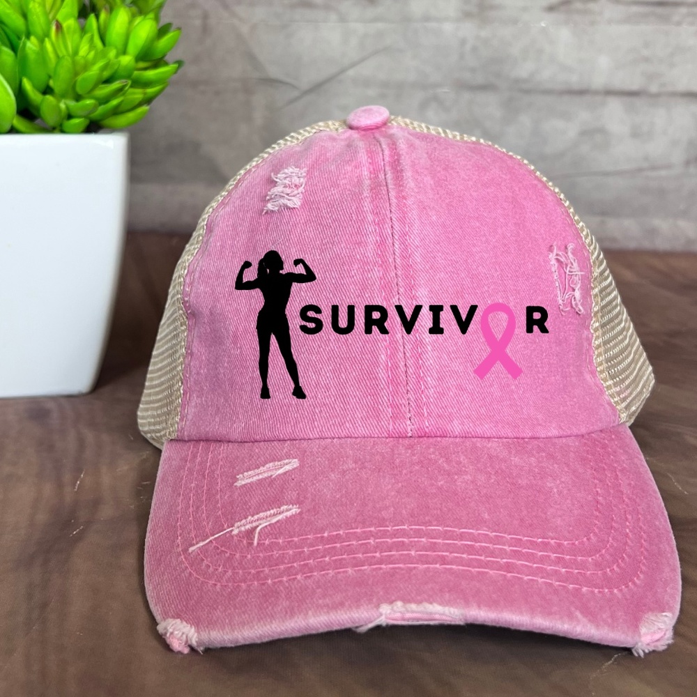Distressed Vintage Ponytail, High Messy Bun Trucker Baseball Hat Breast Cancer